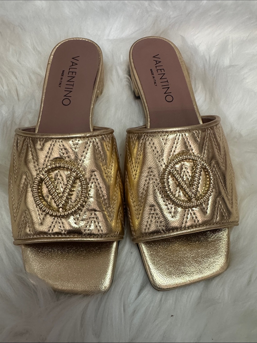 Valentino Metallic Gold Quilted Logo Sandals